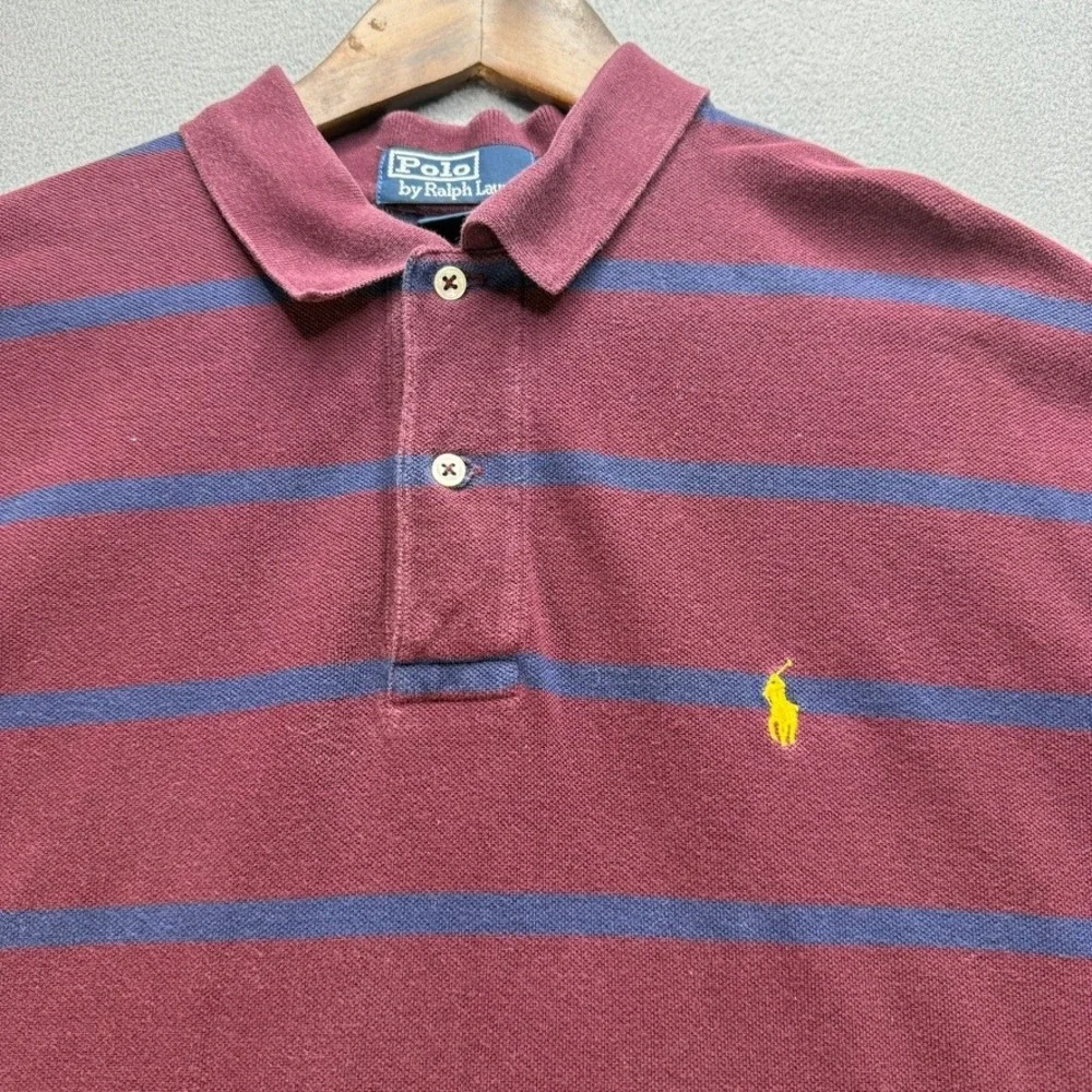 Polo Ralph Lauren Polo Mens L Maroon Striped Short Sleeve Classic Fit Pique